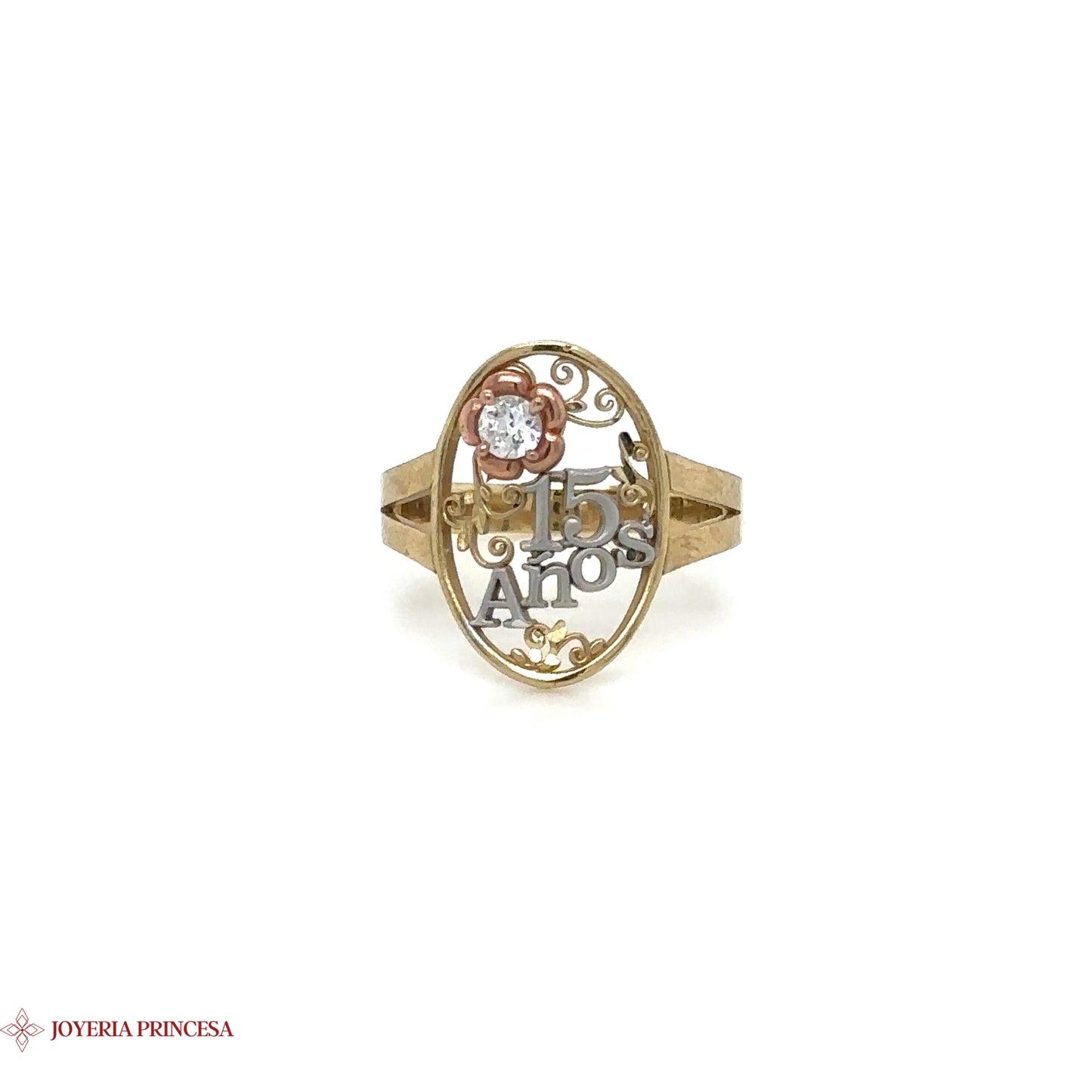 Anillo de oro de 10 quilates para quinceañera con acento floral y centro de diamantes