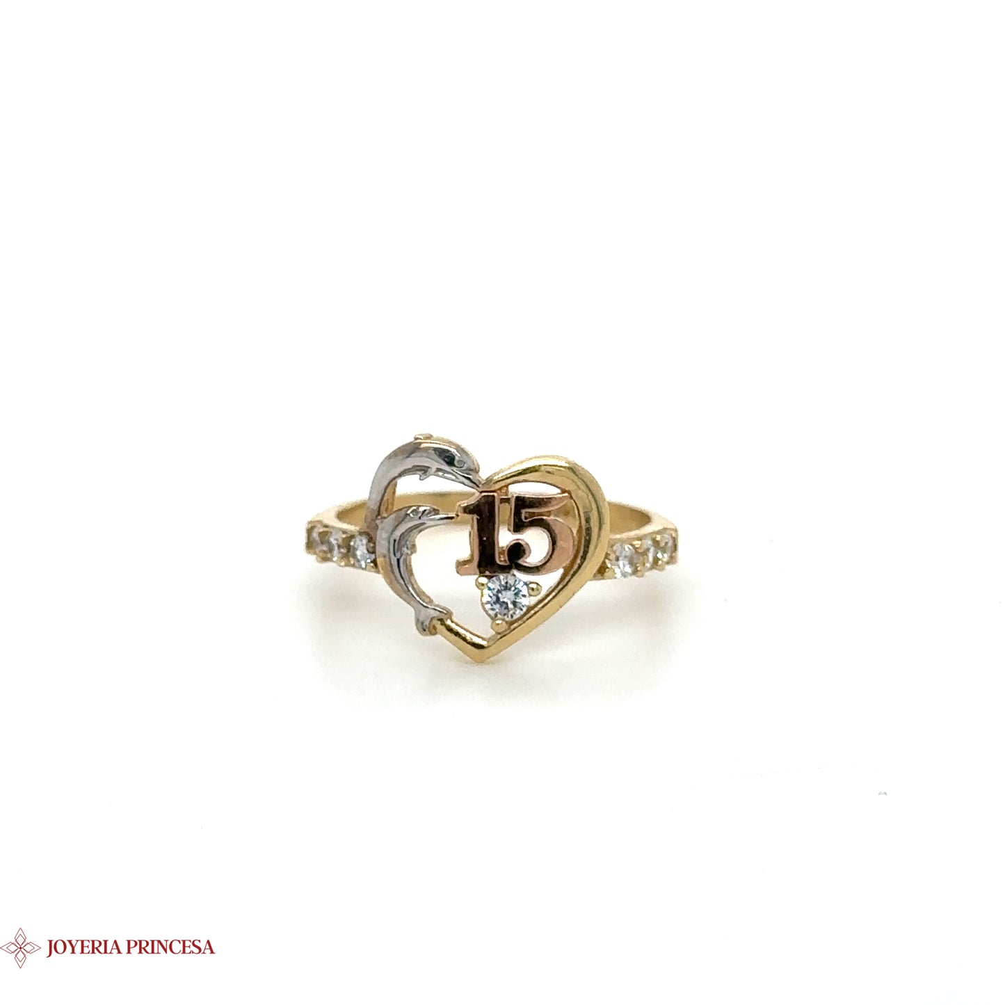 Anillo Corazón Quinceañera 14K Doble Tono Cristal Incrustado