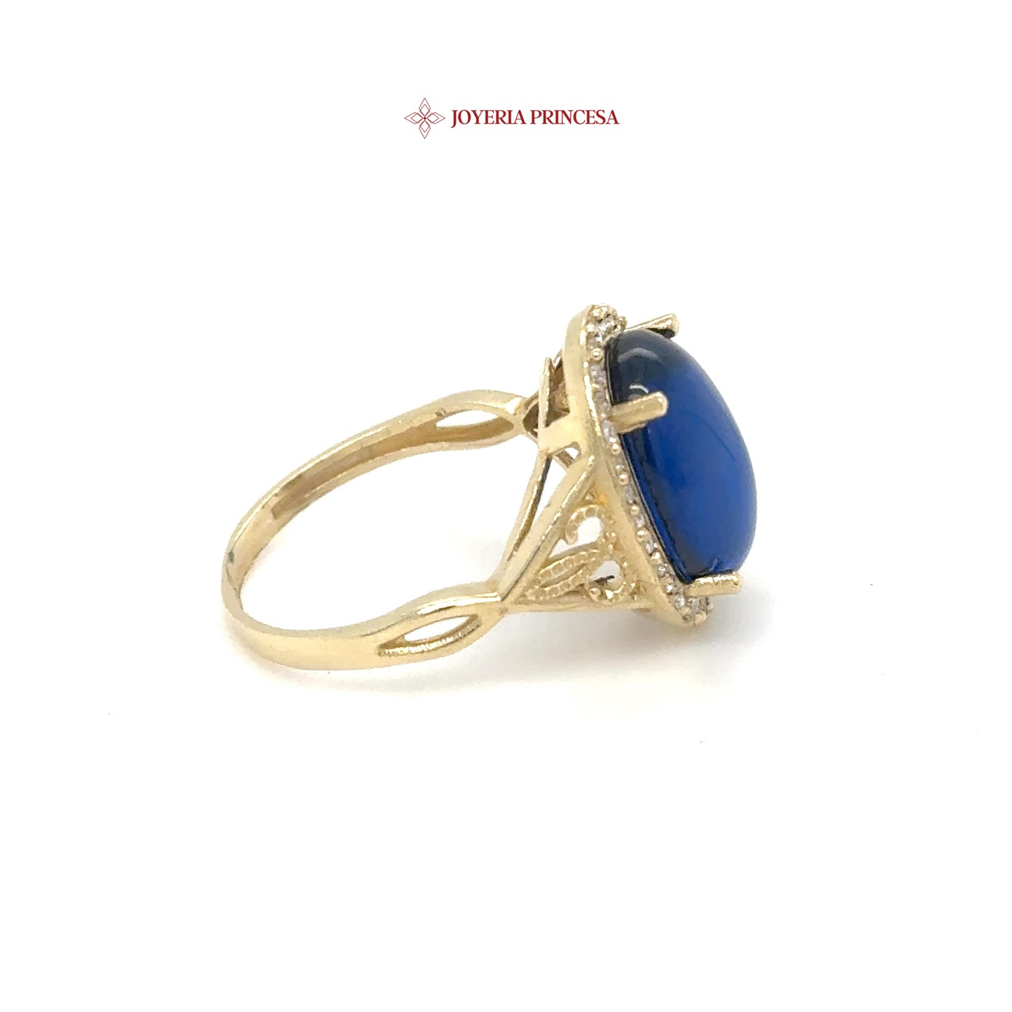 Anillo de oro de 14 quilates con cabujón azul y halo de circonitas