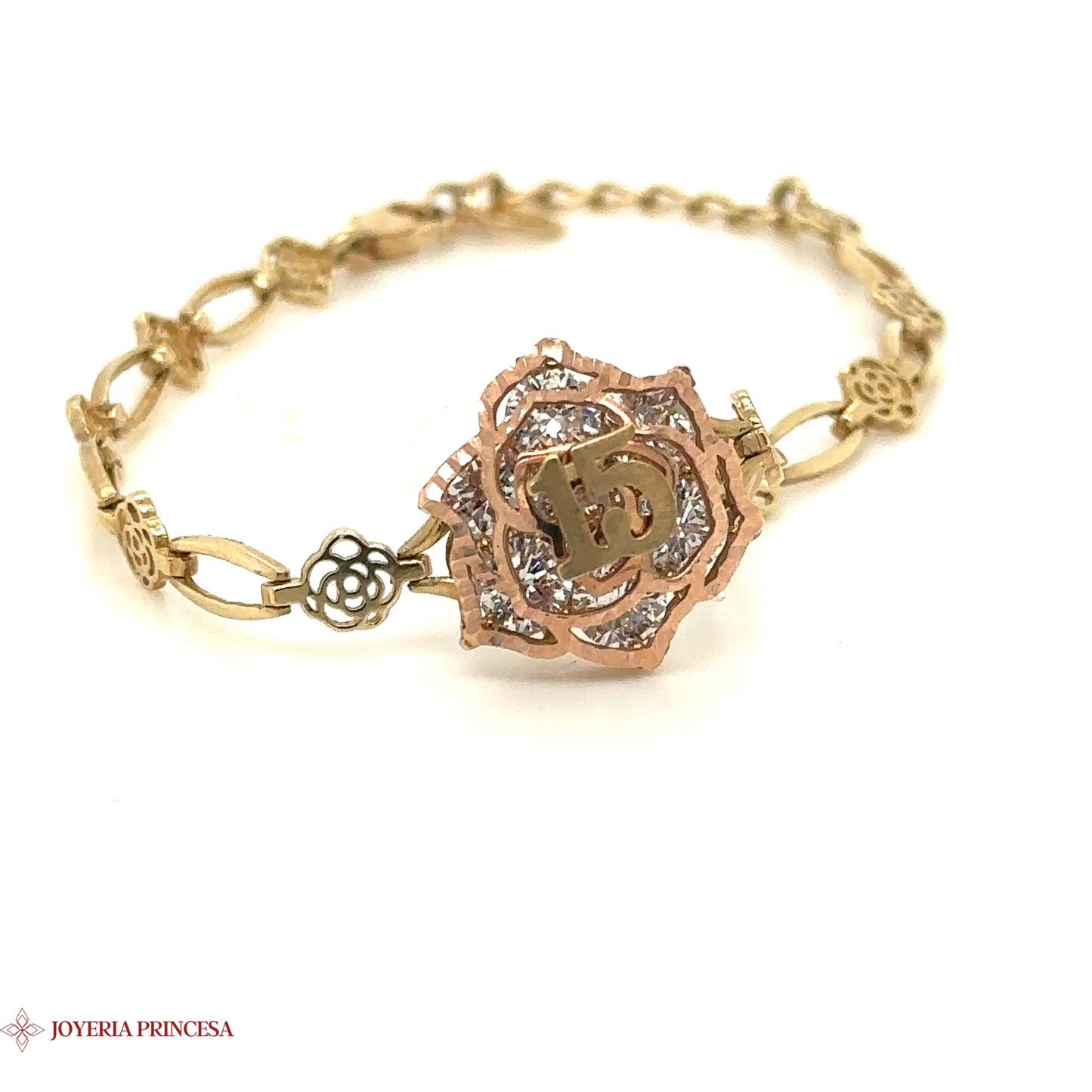 Pulsera Flor Quinceañera Oro 10K con Circonitas Cúbicas