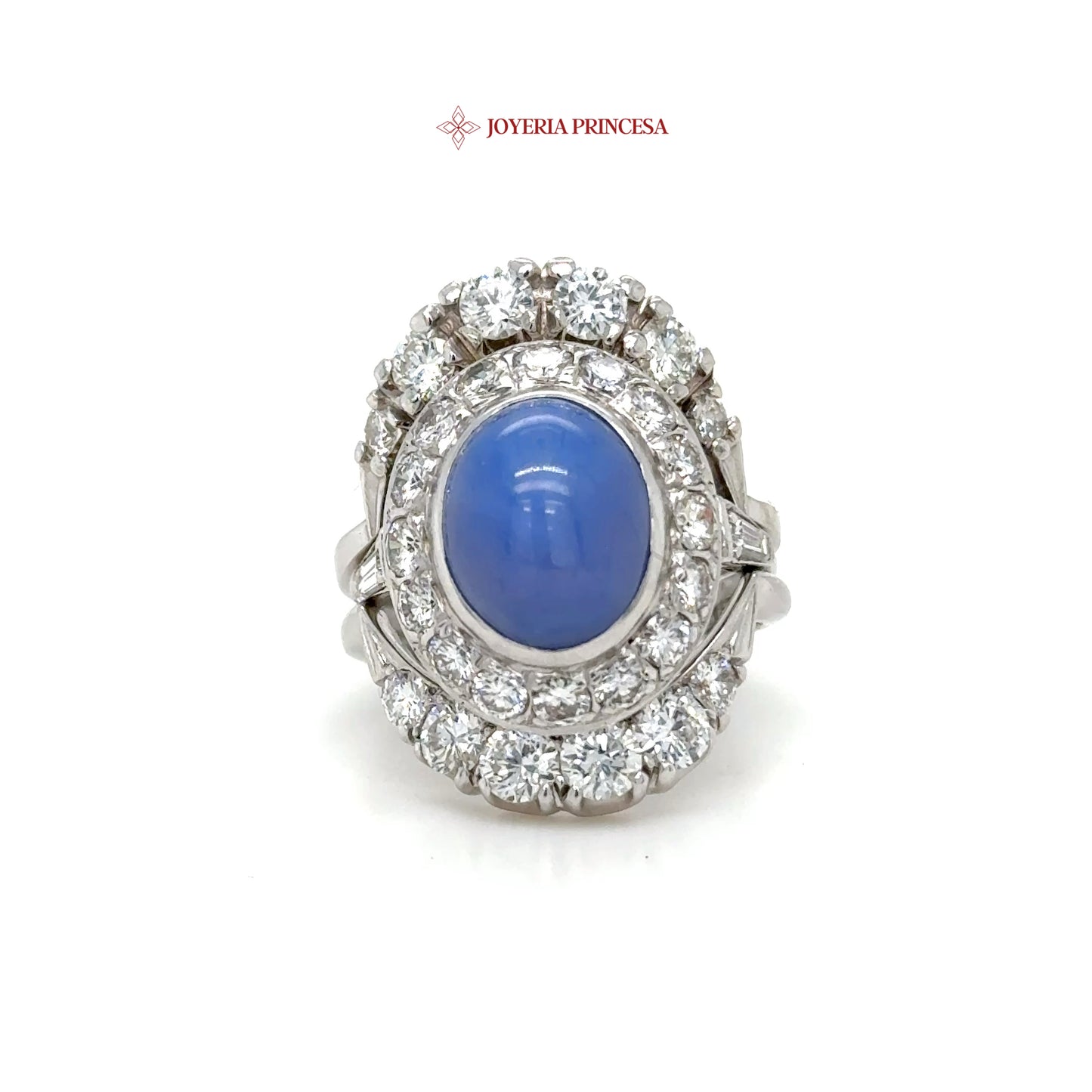 Anillo de oro blanco con zafiro estrella azul de 14 quilates y diamantes naturales