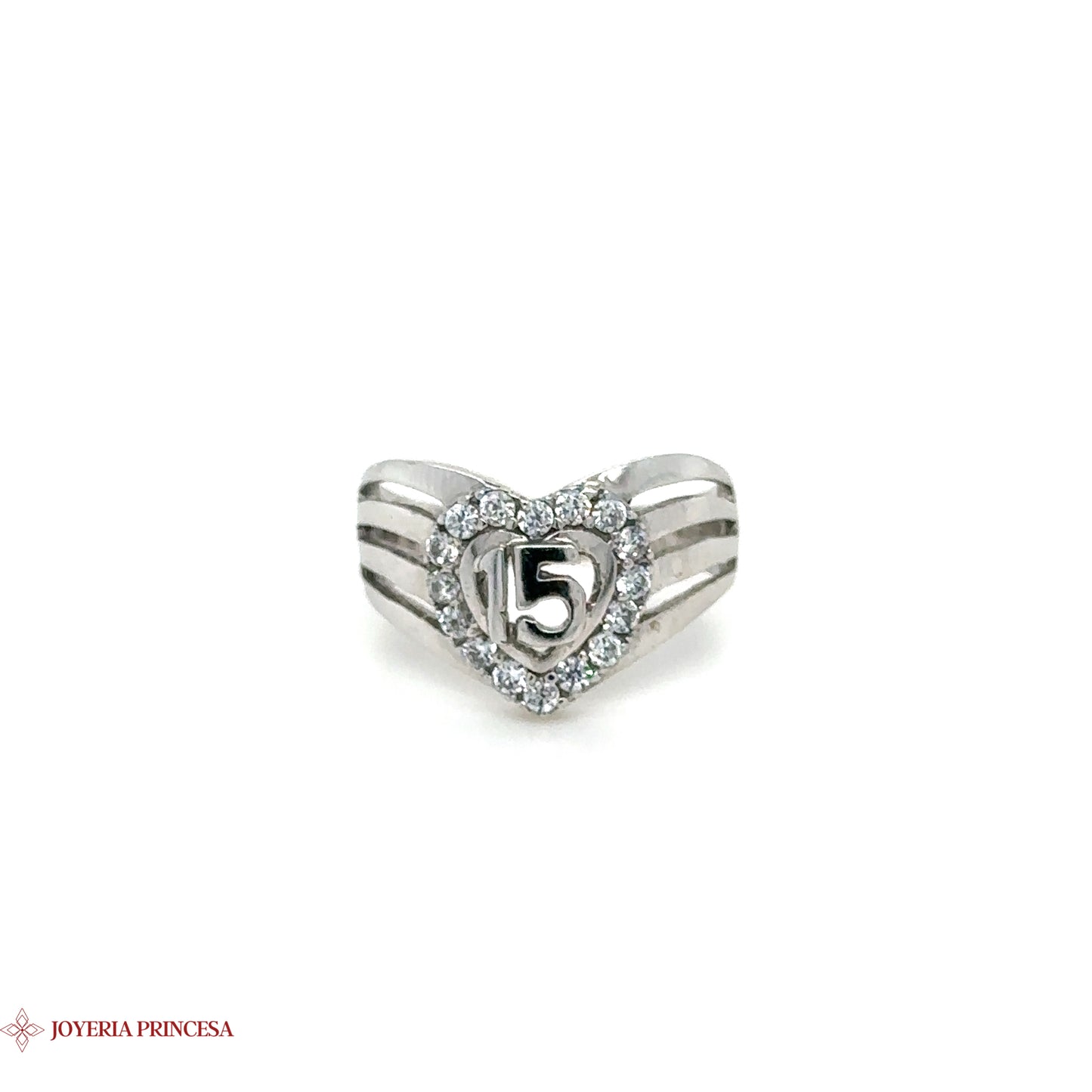 Anillo Corazón Quinceañera Oro Blanco 10K con Piedras Preciosas