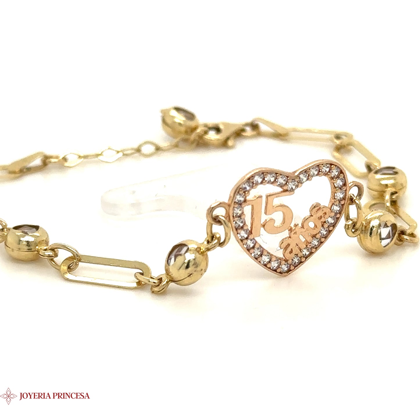 Pulsera de oro de 14 quilates para quinceañera con dije de corazón colgante y detalles de cristal