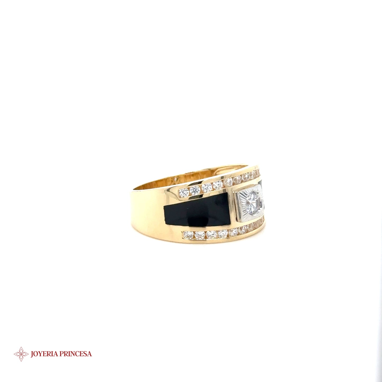Elegante anillo de oro de 14 quilates con esmalte negro y detalles de circonitas
