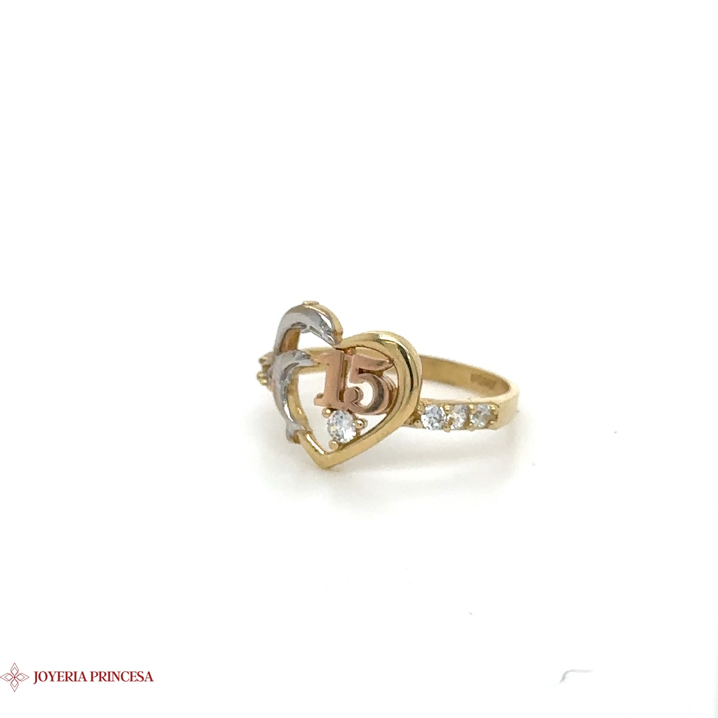 Anillo Corazón Quinceañera 14K Doble Tono Cristal Incrustado