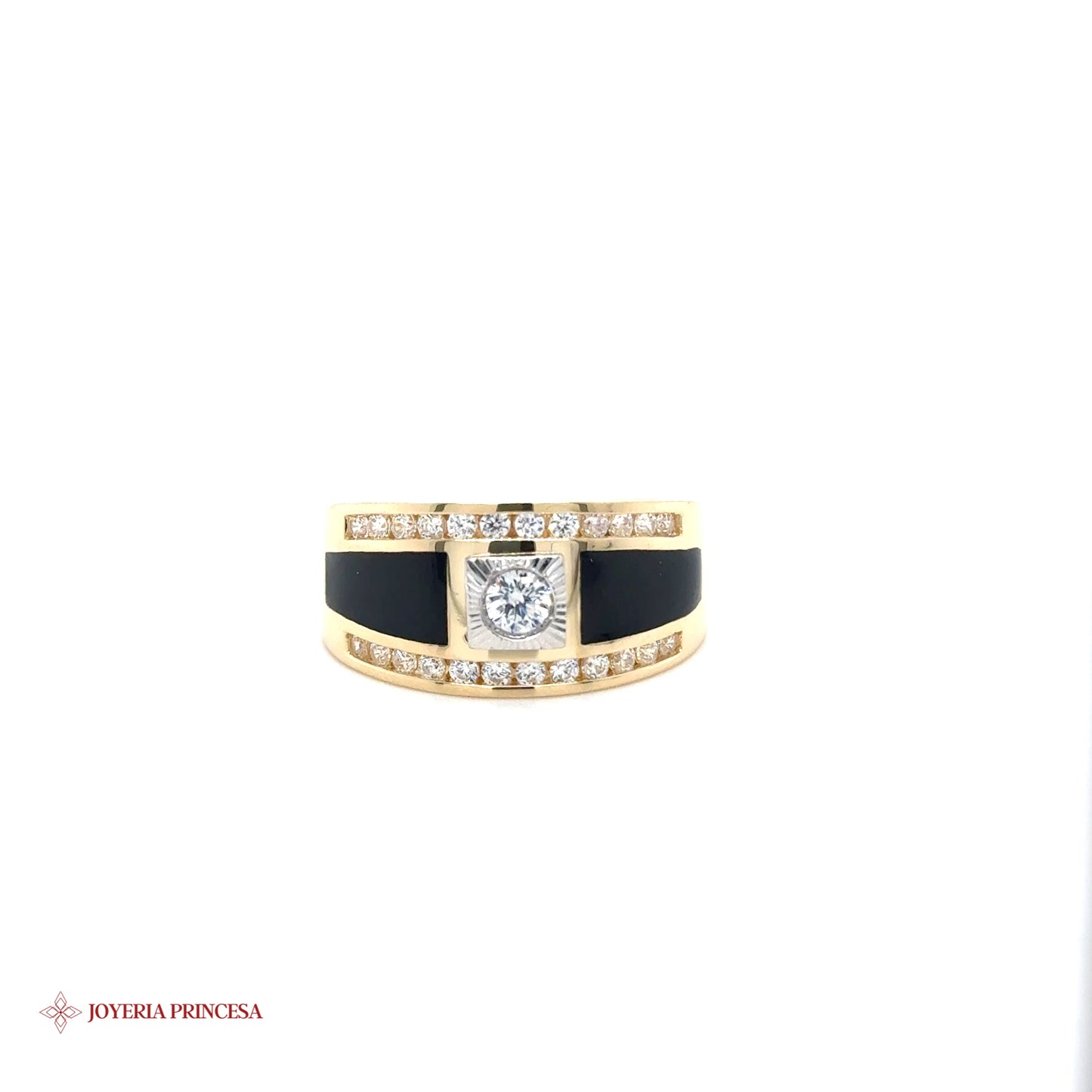 Elegante anillo de oro de 14 quilates con esmalte negro y detalles de circonitas