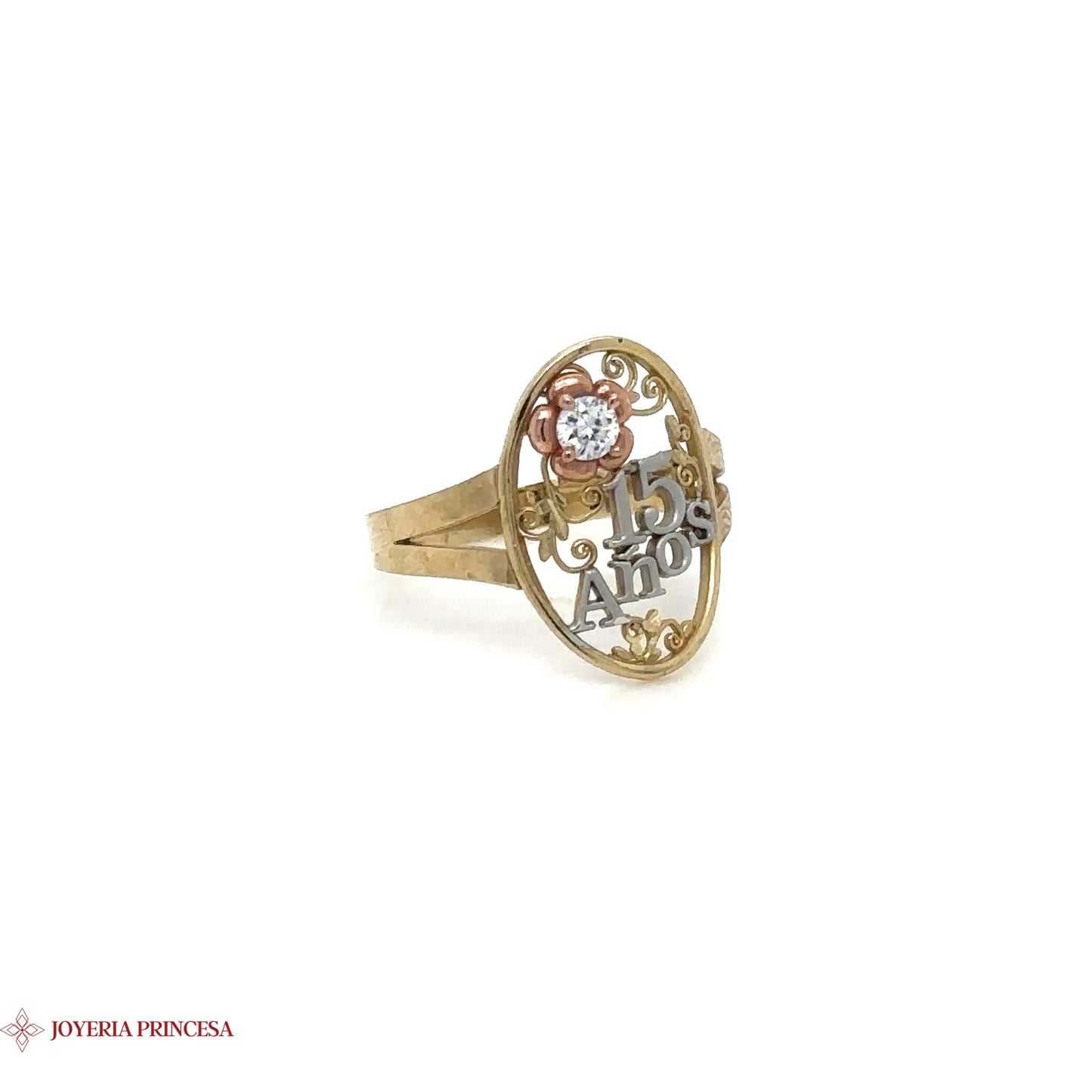 Anillo de oro de 10 quilates para quinceañera con acento floral y centro de diamantes