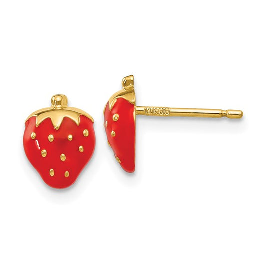 Aretes Fresa Esmaltada Oro 14K