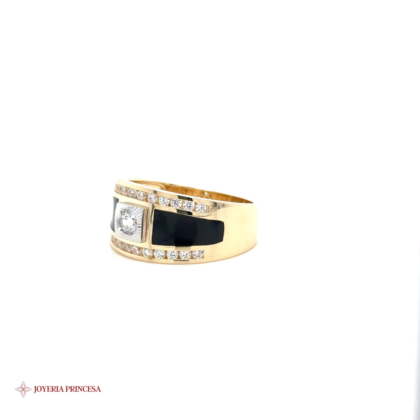 Elegante anillo de oro de 14 quilates con esmalte negro y detalles de circonitas
