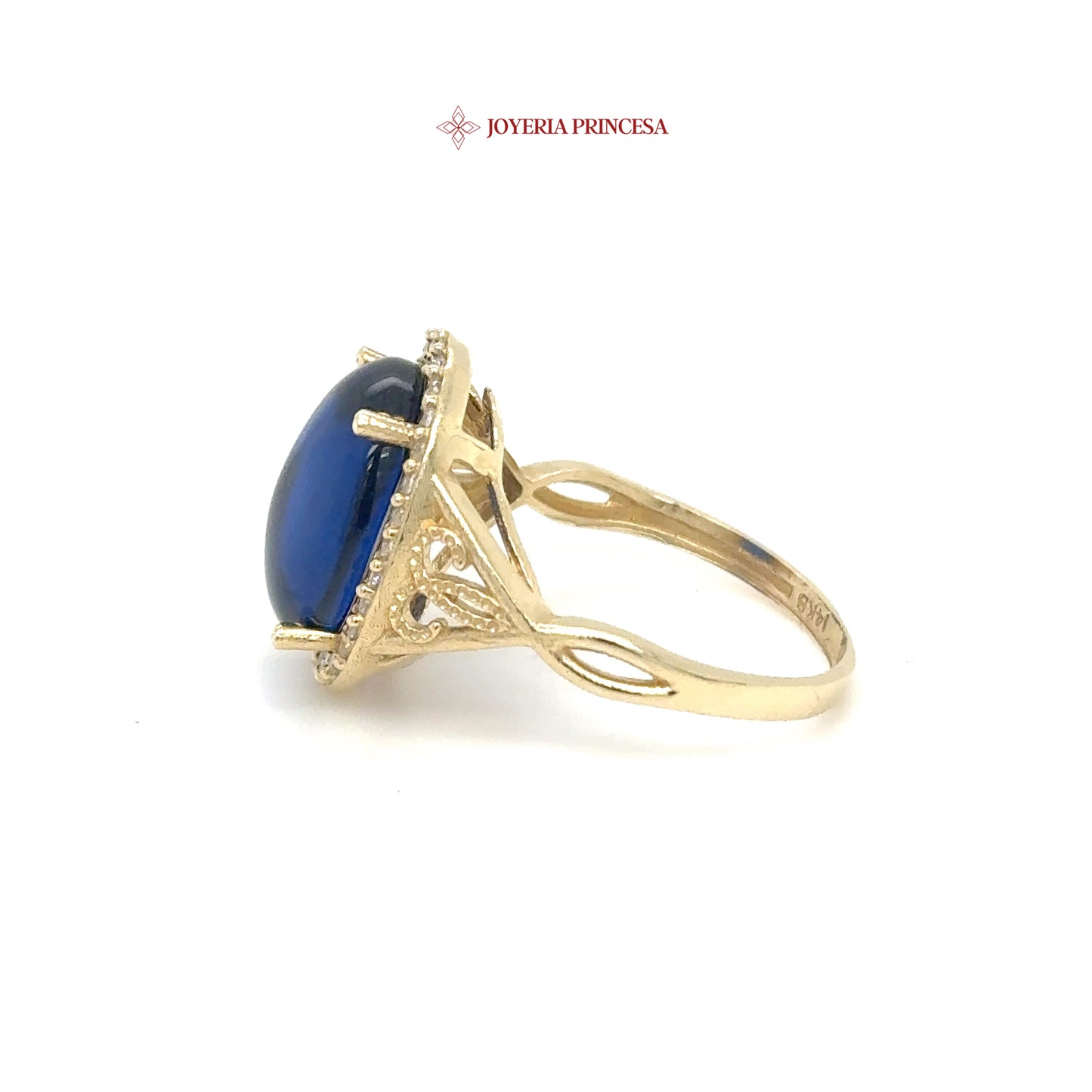 Anillo de oro de 14 quilates con cabujón azul y halo de circonitas