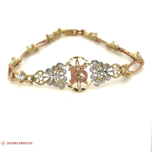 Pulsera Quinceañera Oro Tricolor 10K