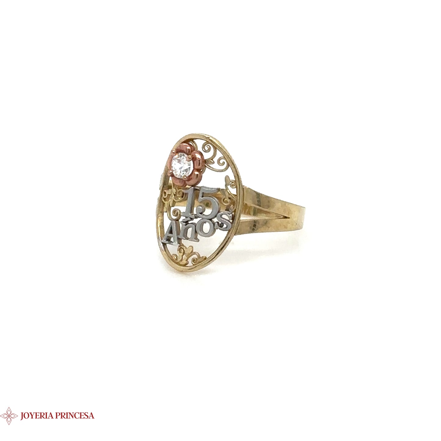 Anillo de oro de 10 quilates para quinceañera con acento floral y centro de diamantes