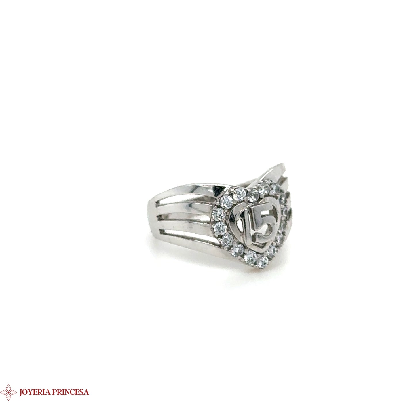 Anillo Corazón Quinceañera Oro Blanco 10K con Piedras Preciosas