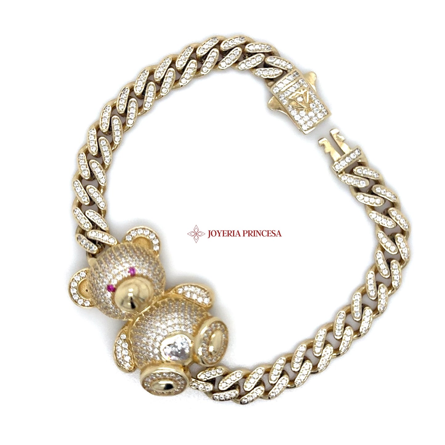 14K Yellow Gold Cuban Link Teddy Bear Bracelet with Diamonds and Rubies
