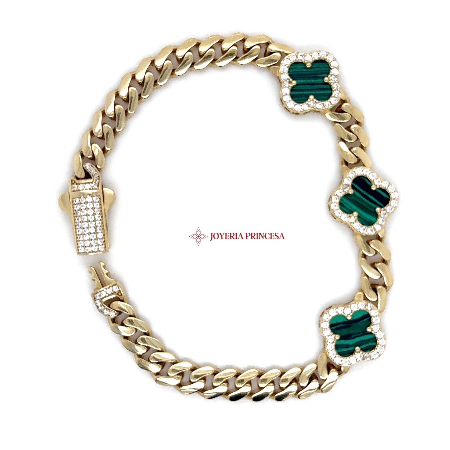 14K Gold Cuban Bracelet with Malachite Clovers