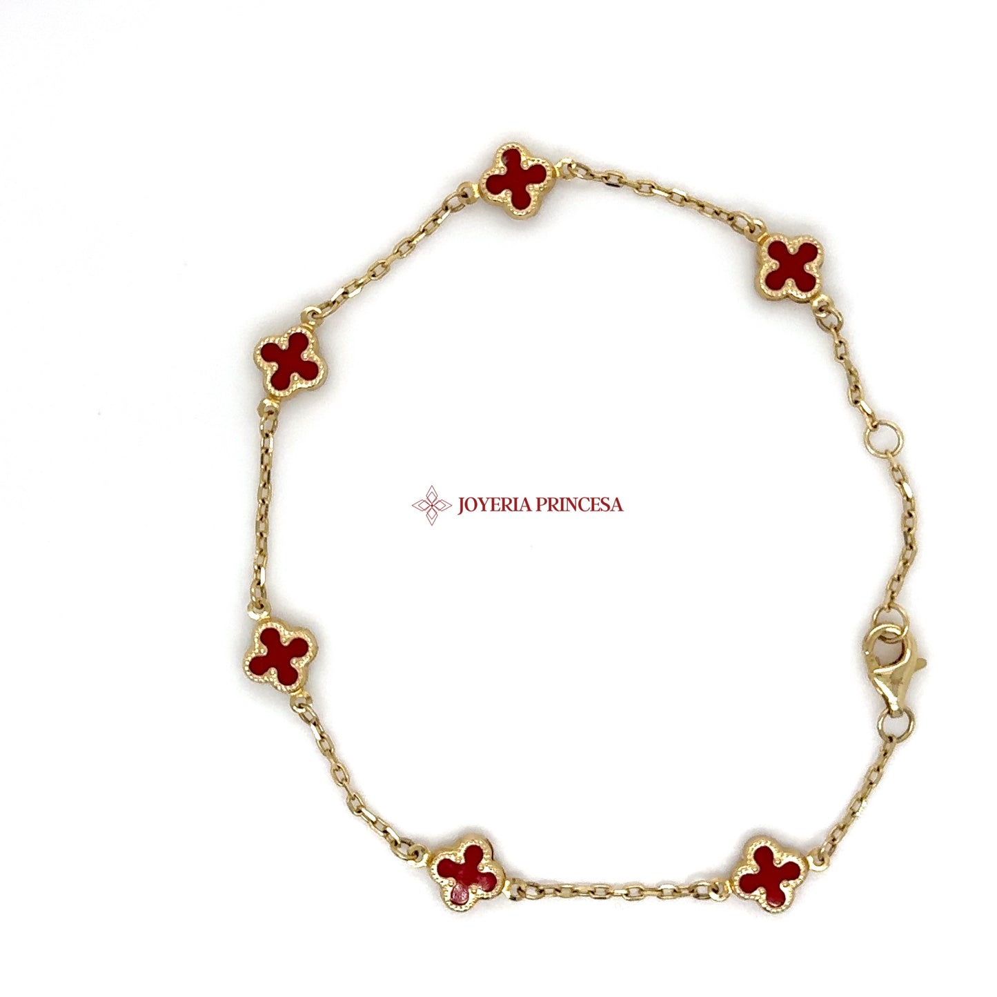 14K Gold Clover Station Bracelet (Red Enamel)