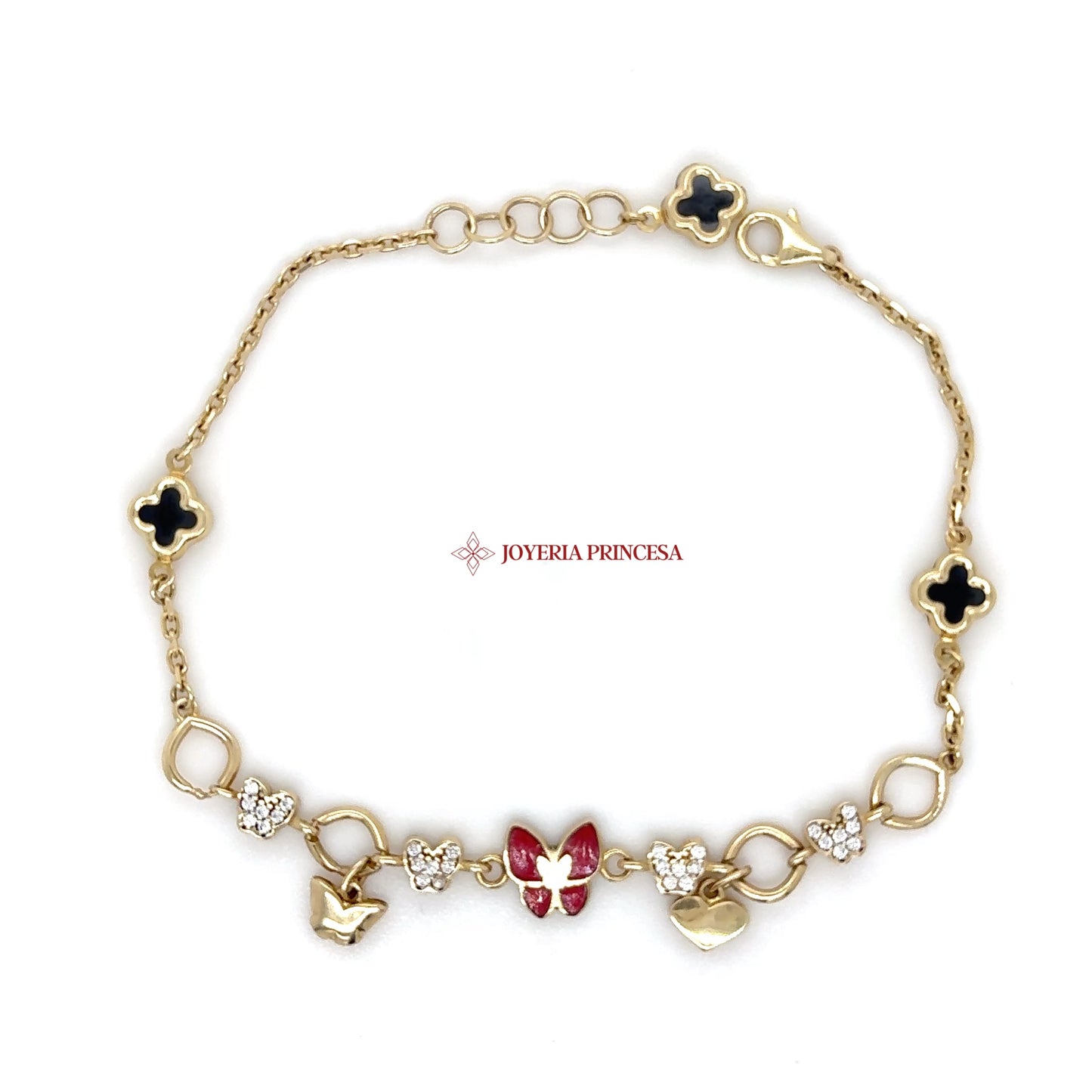 14K Gold Butterfly & Heart Charm Bracelet