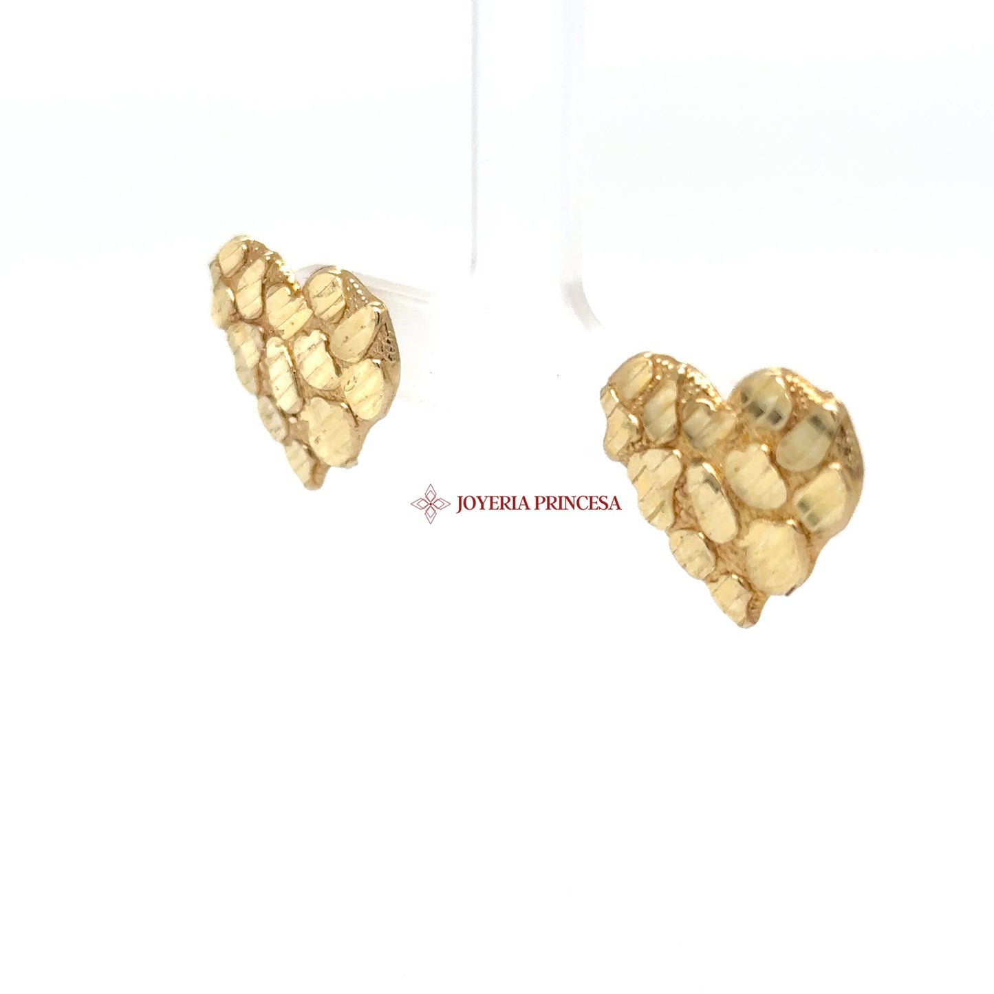 14K Yellow Gold Textured Heart Stud Earrings