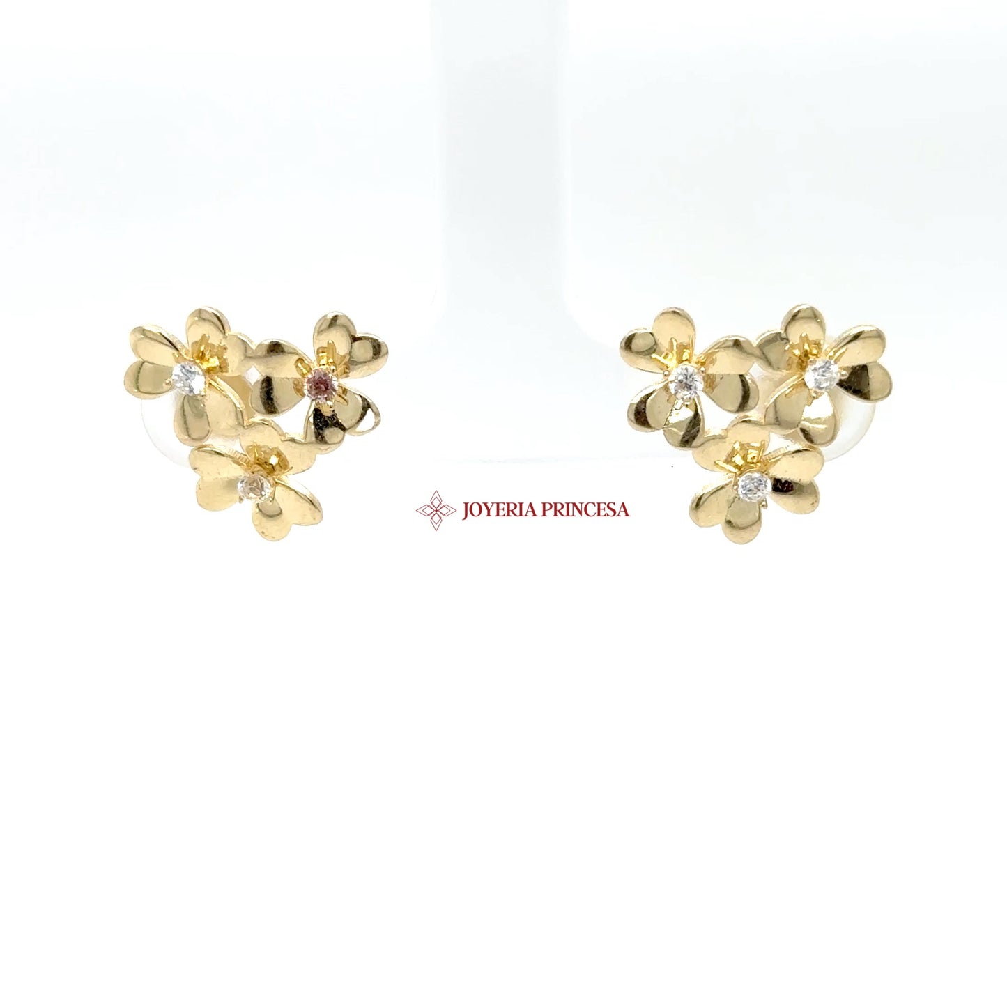 14K Gold Floral Stud Earrings with CZ Stones