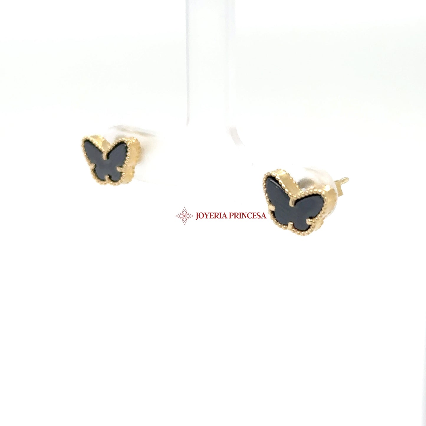 14K Gold Butterfly Stud Earrings with Black Enamel