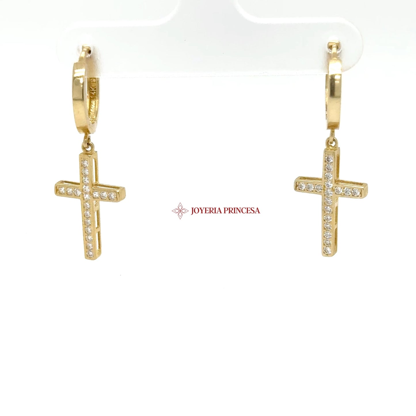 14K Gold Cross Dangle Earrings with CZ Stones