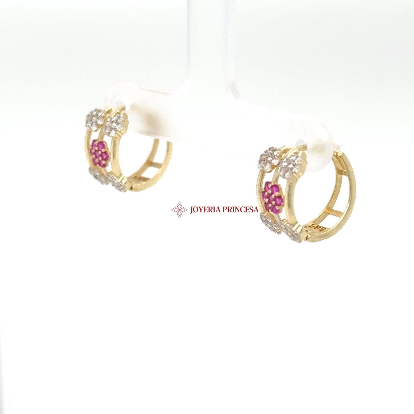 14K Gold Floral Huggie Earrings with Pink and Clear CZ