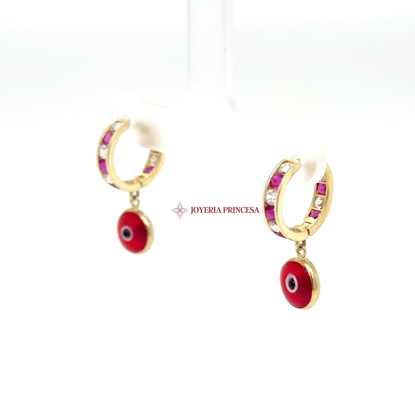 14K Gold Huggie Earrings with Red and Pink Cubic Zirconias
