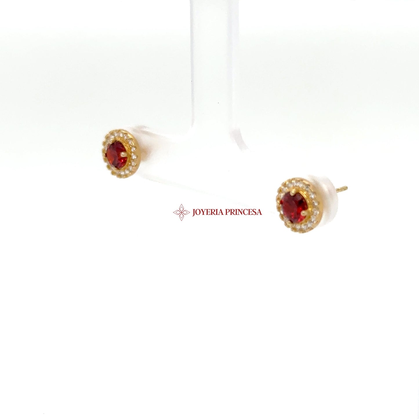 14K Gold Ruby Stud Earrings with CZ Halo