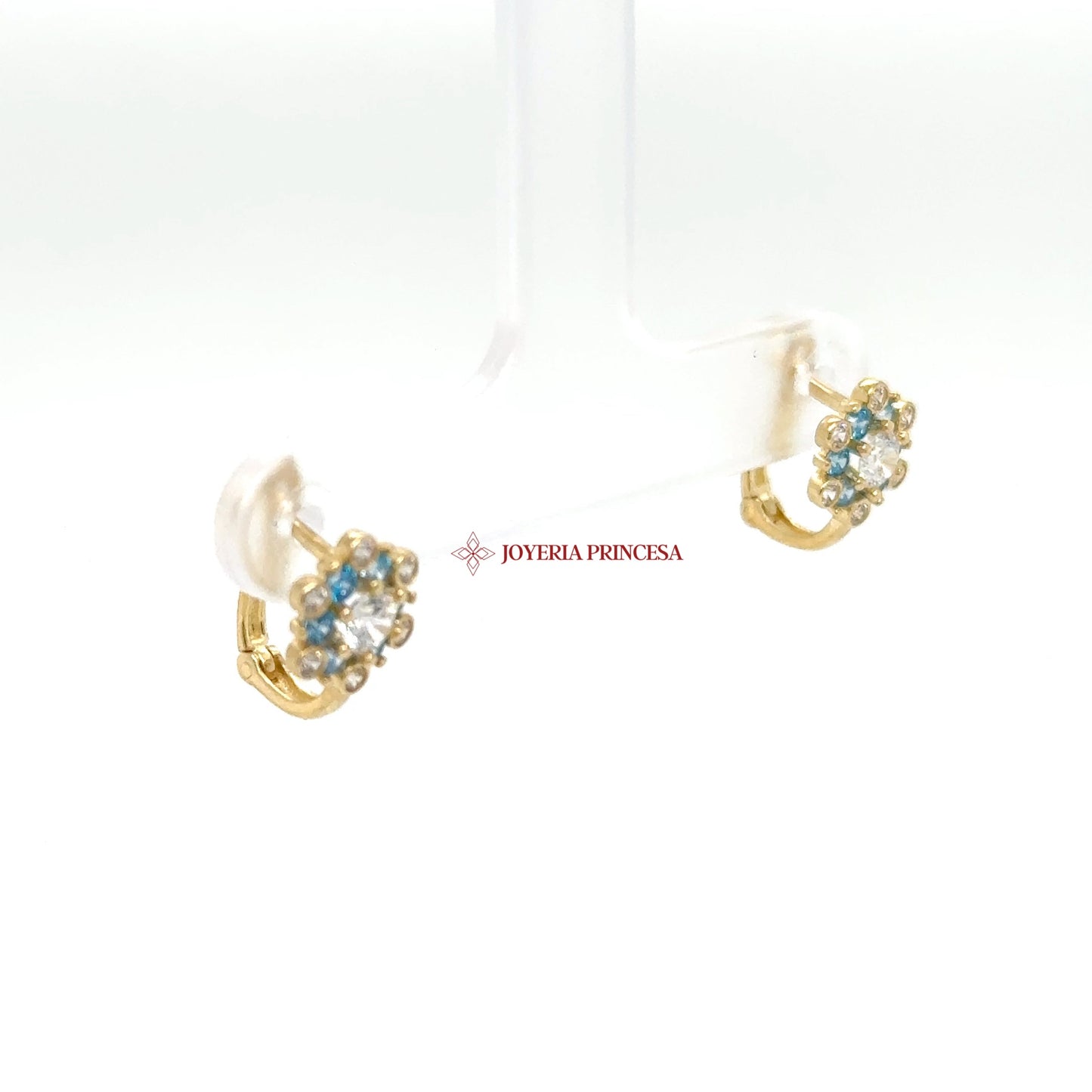 14K Gold Blue & Clear CZ Floral Stud Earrings