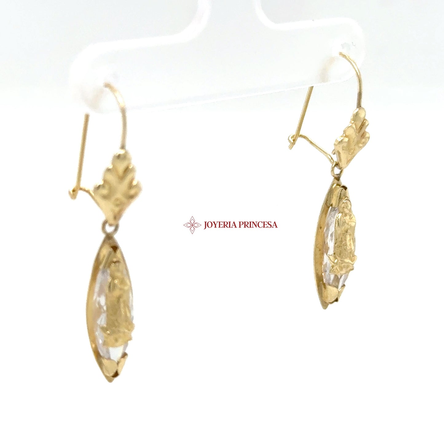 14K Gold Dangle Earrings with Floral Motif and CZ