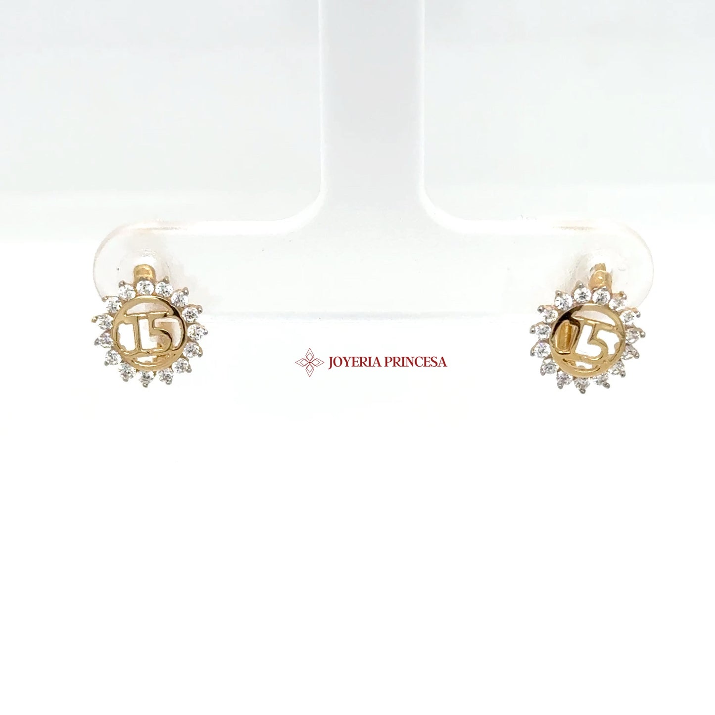 14K Gold Sunburst Quinceanera Earrings with CZ Stones