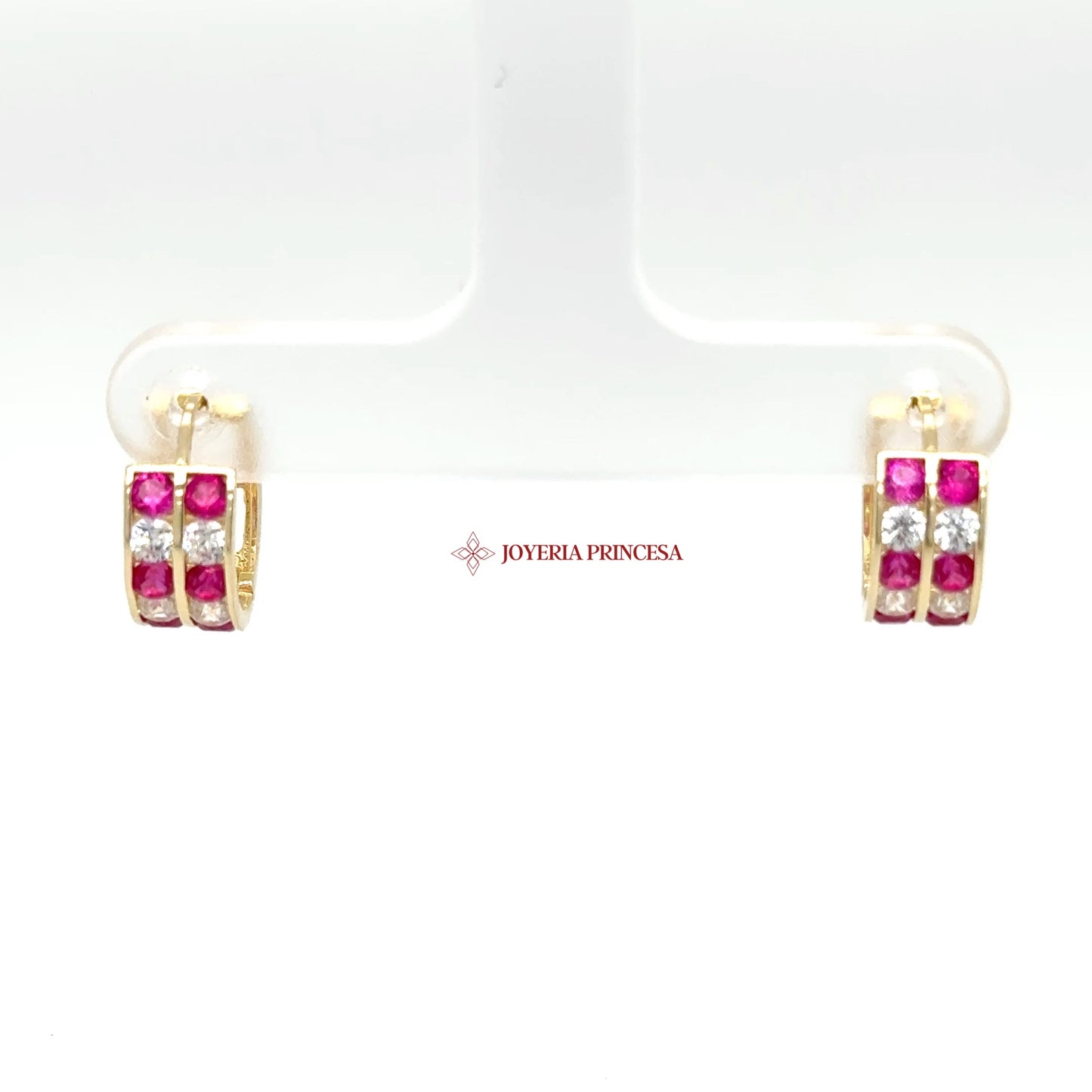 14K Gold Huggie Earrings with Pink & Clear CZ Stones