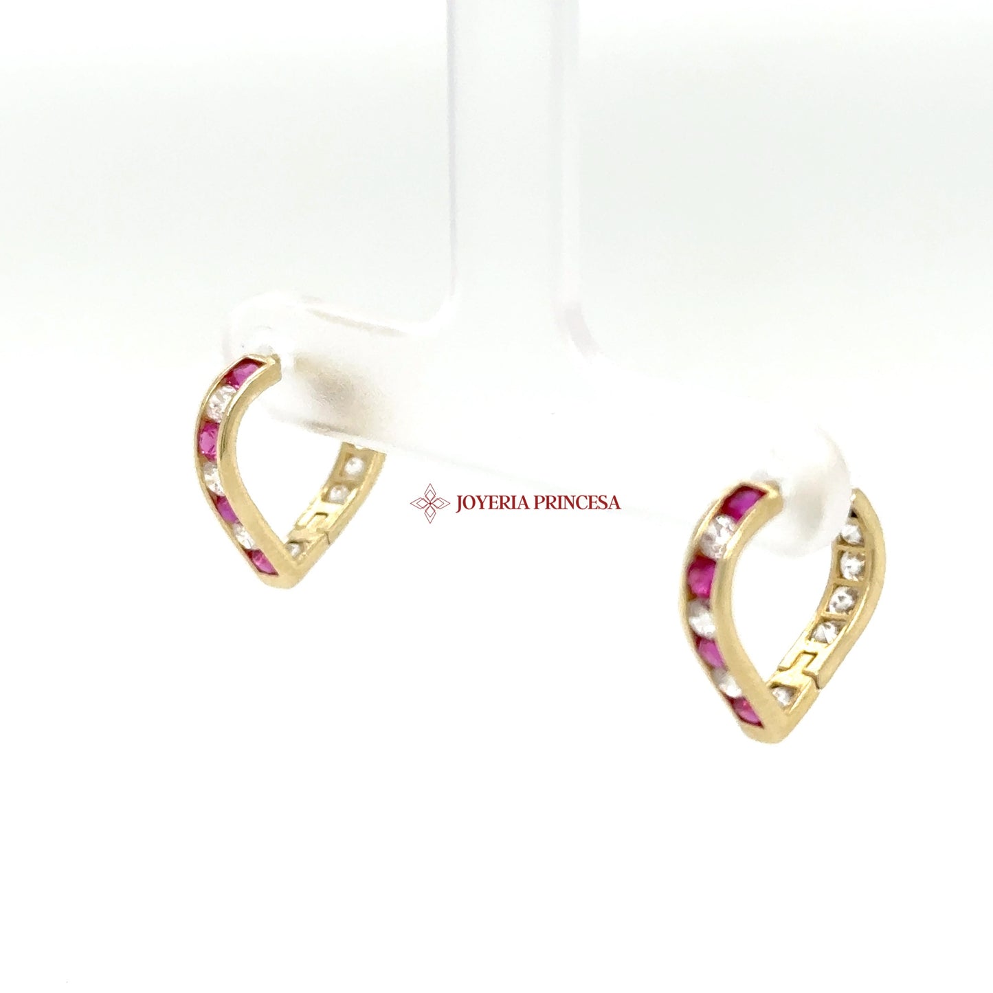 14K Gold Huggie Earrings with Ruby CZ Accents