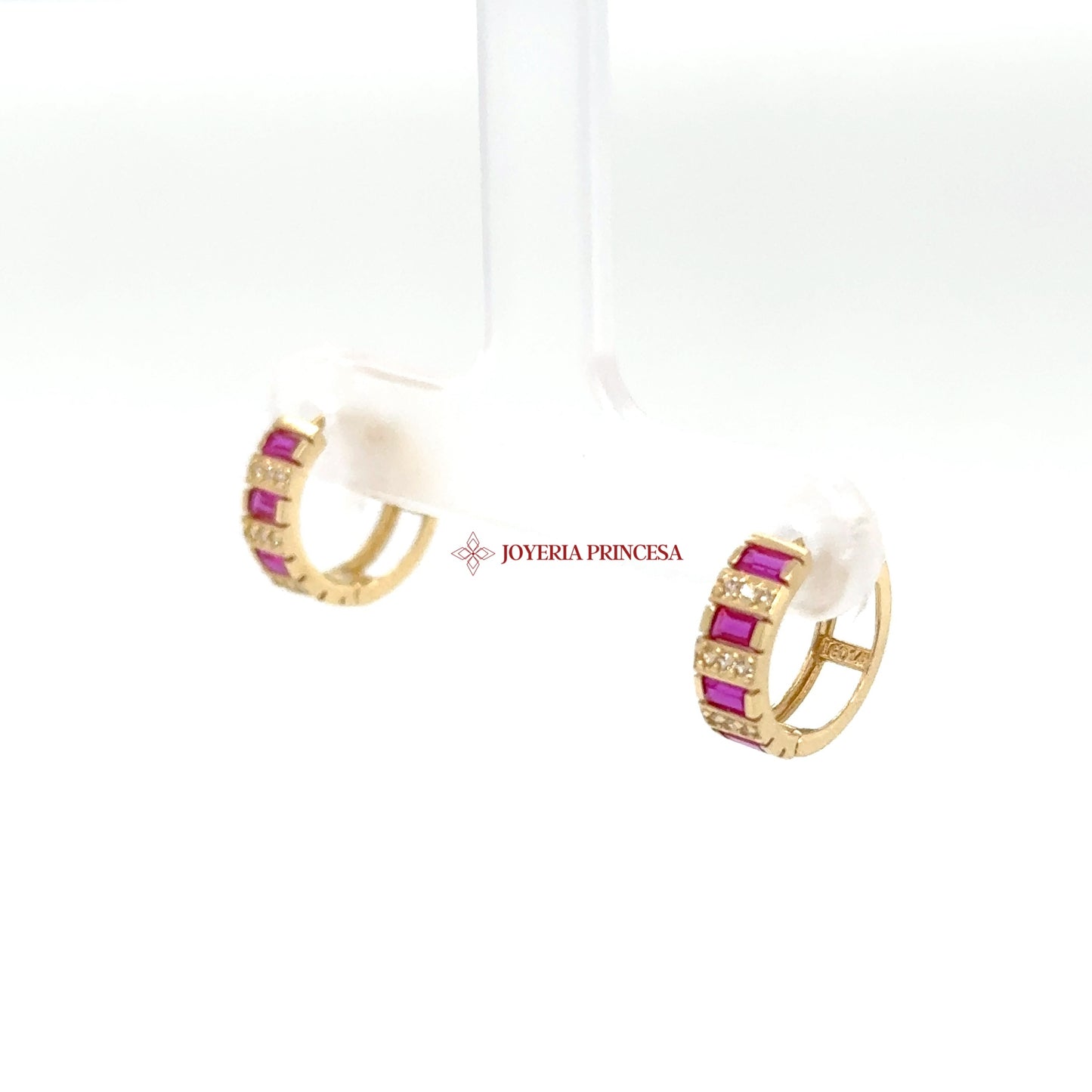 14K Gold Huggie Earrings with Pink CZ Stones