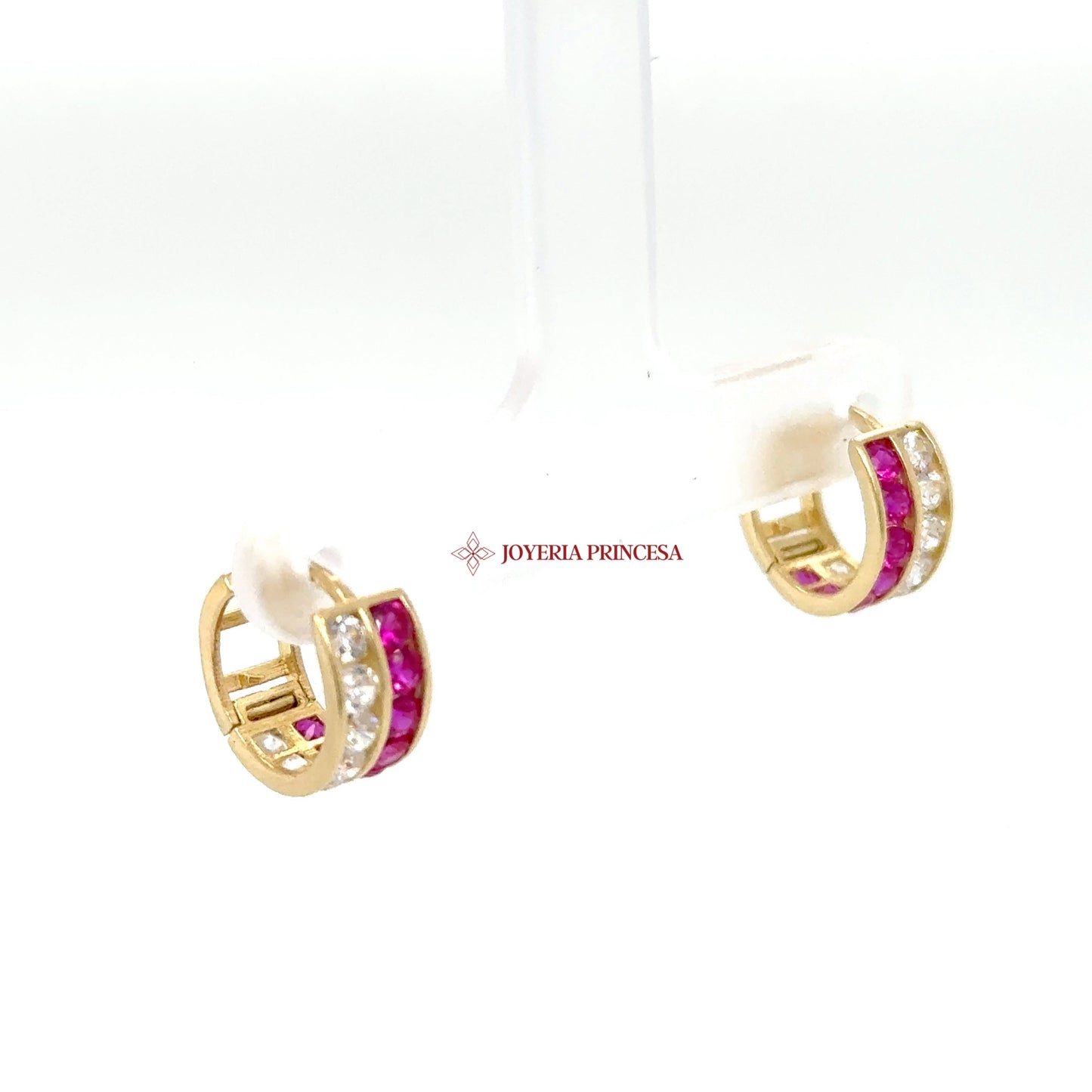 14K Gold Huggie Earrings with Pink and Clear CZ Stones