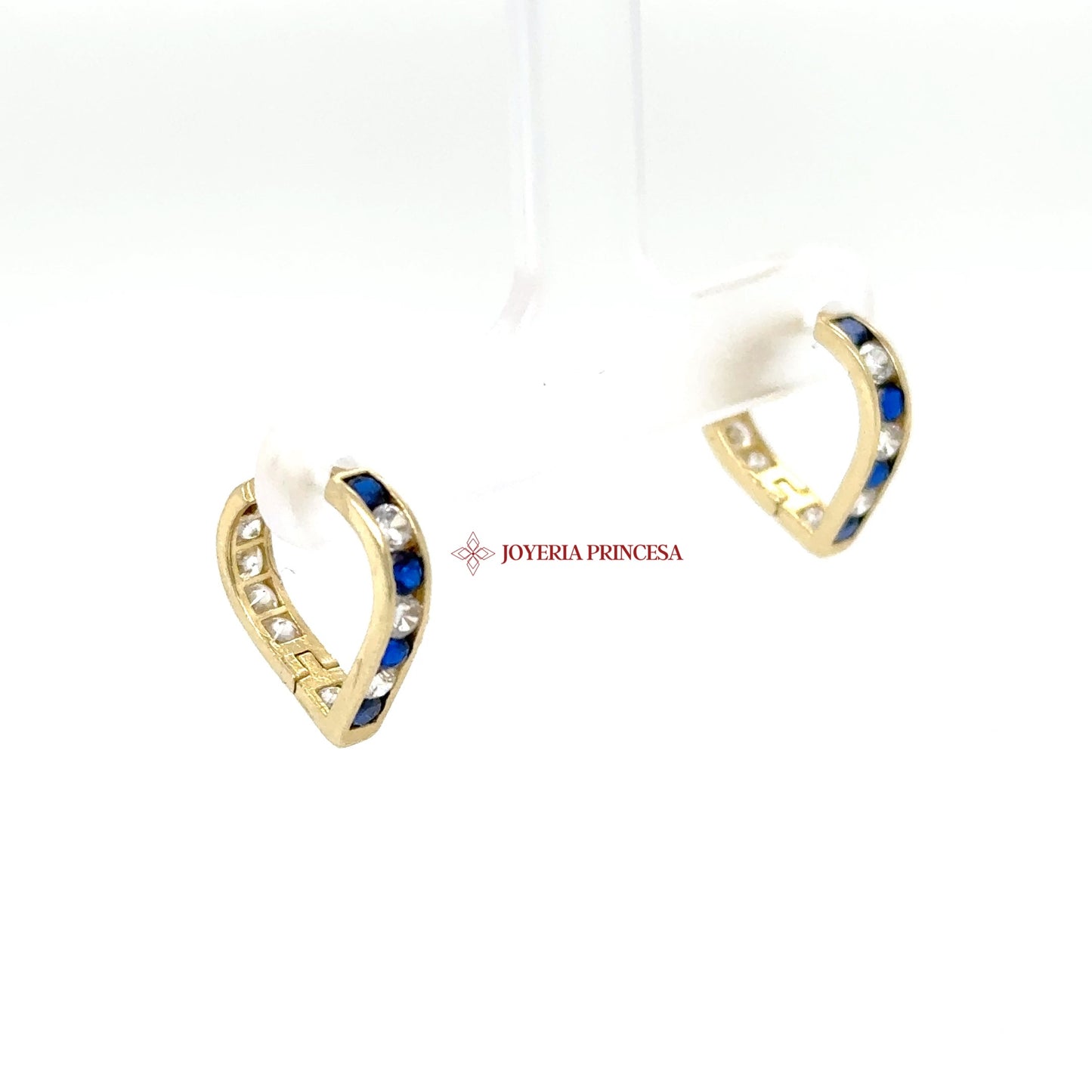 14K Gold Huggie Earrings with Blue & Clear CZ Stones