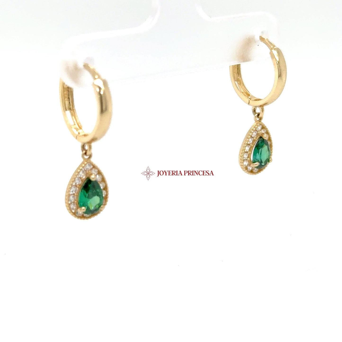 14K Gold Teardrop Huggie Earrings with Green CZ