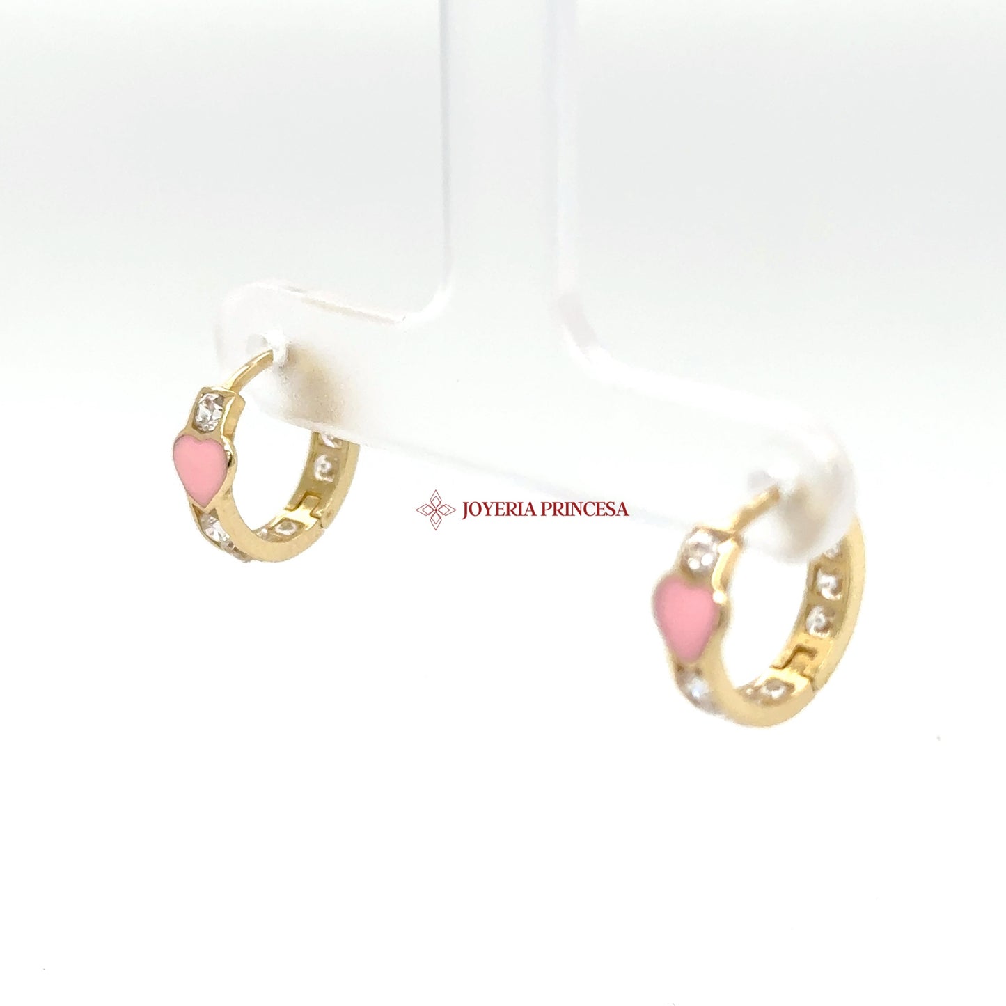 14K Gold Heart Motif Huggie Earrings with Pink Enamel and CZ