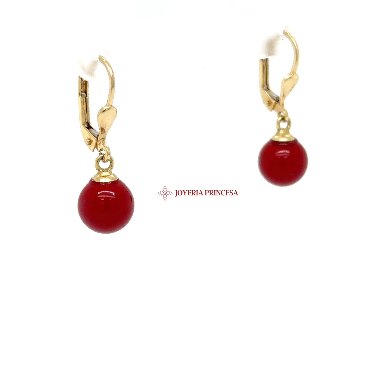 14K Gold Dangle Earrings with Red Simulated Coral