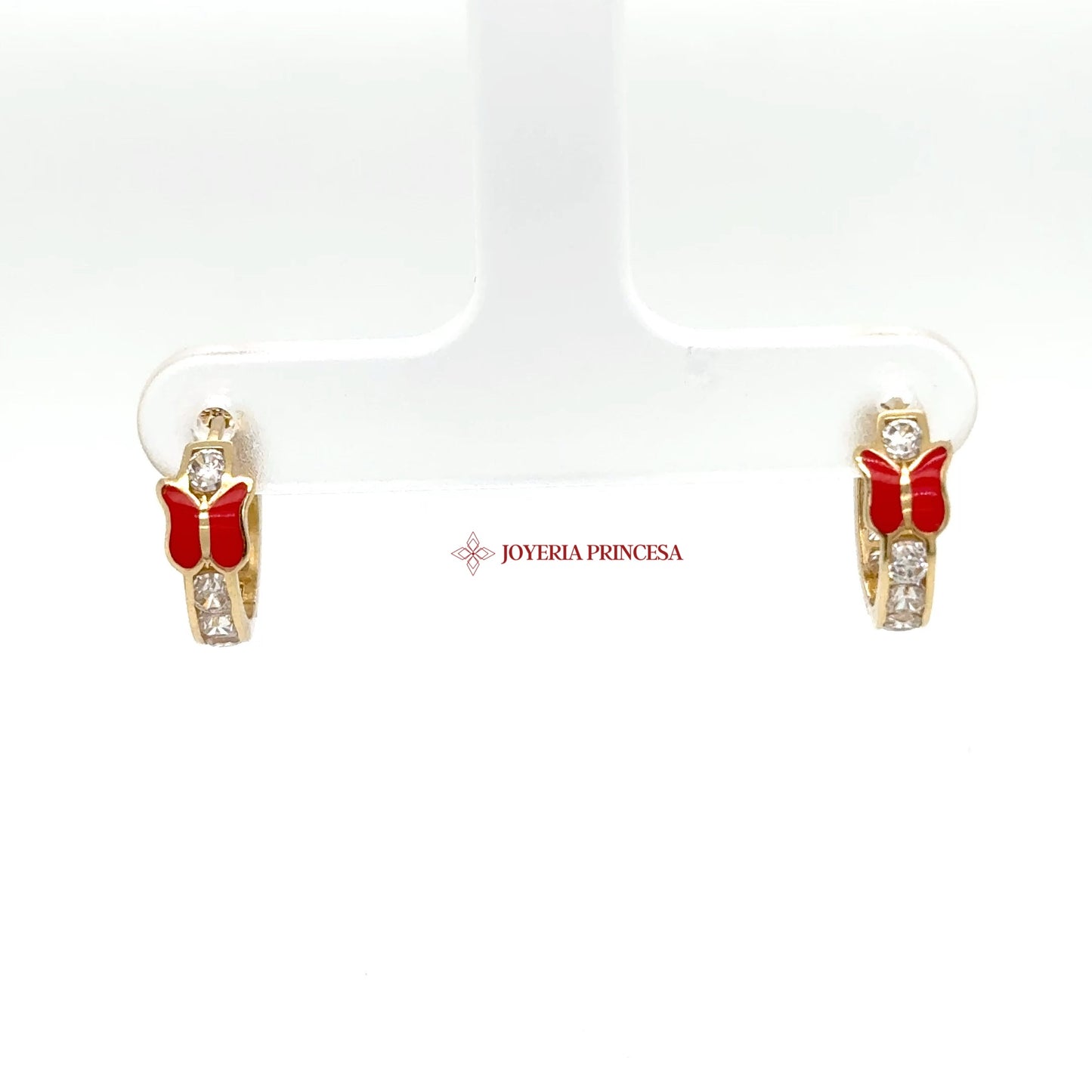 14K Gold Butterfly Huggie Earrings with Red Enamel and CZ