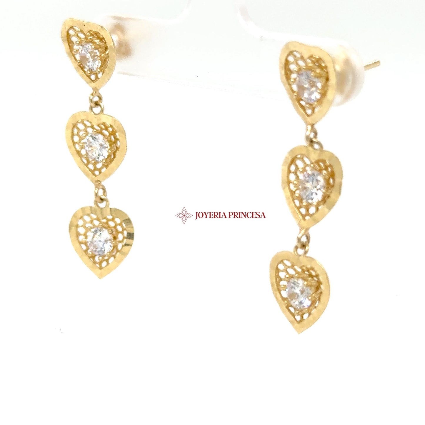 14K Gold Heart Dangle Earrings with CZ Stones