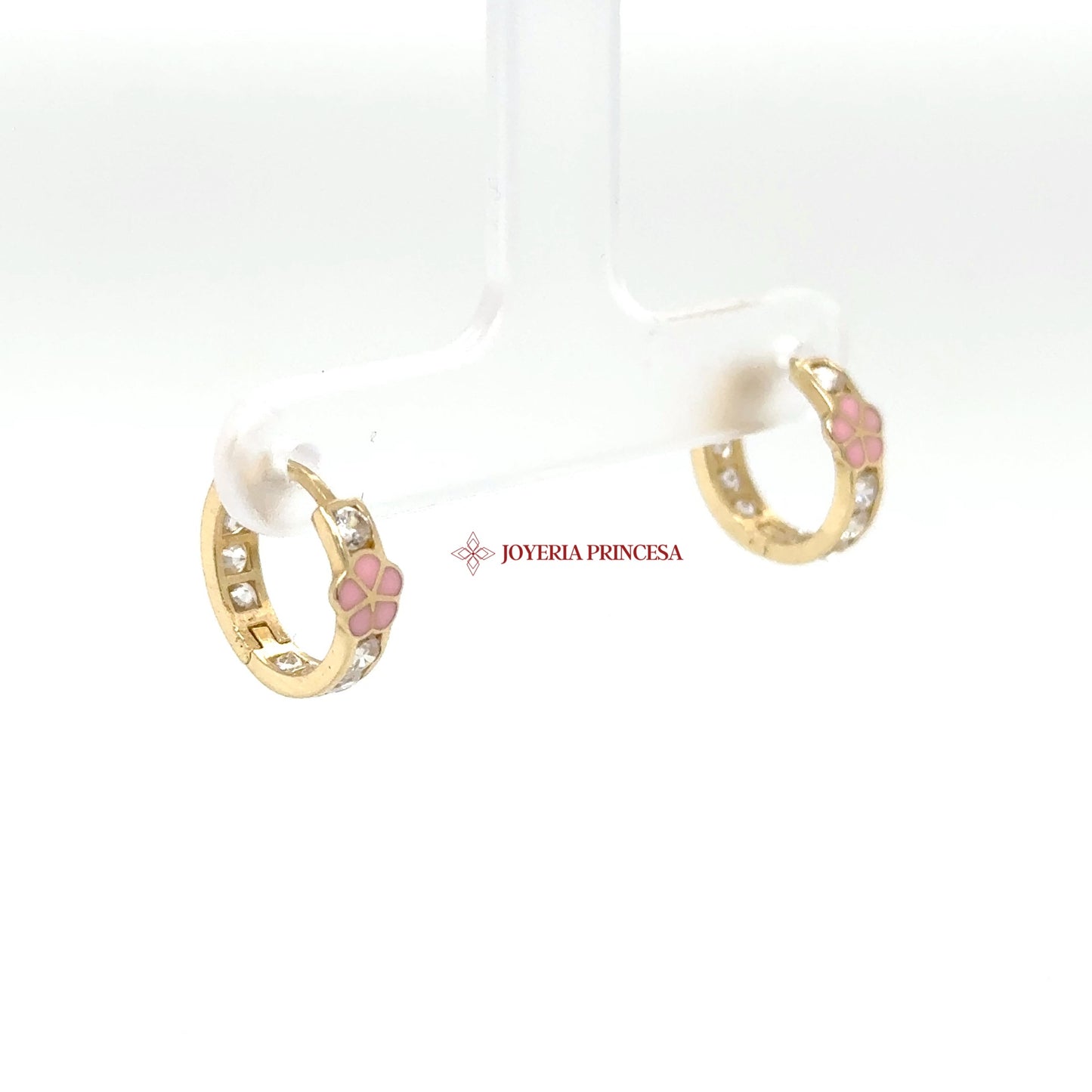 14K Gold Pink Floral Huggie Earrings with CZ Accents
