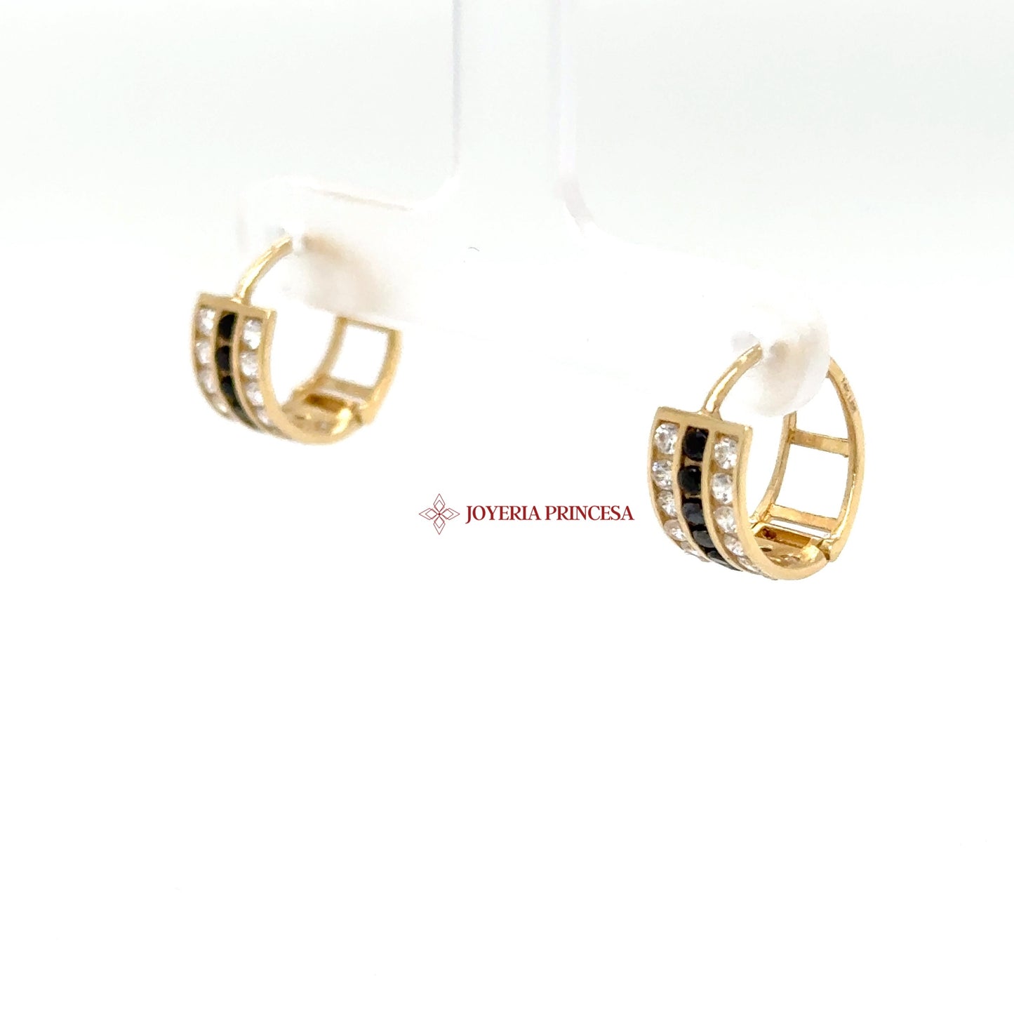14K Gold Huggie Earrings with Black & Clear CZ Stones