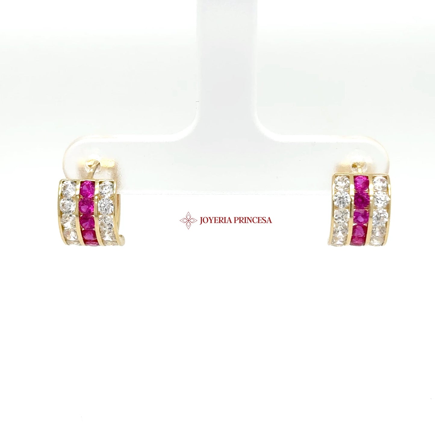 14K Gold Huggie Earrings with Pink CZ and Clear Stones