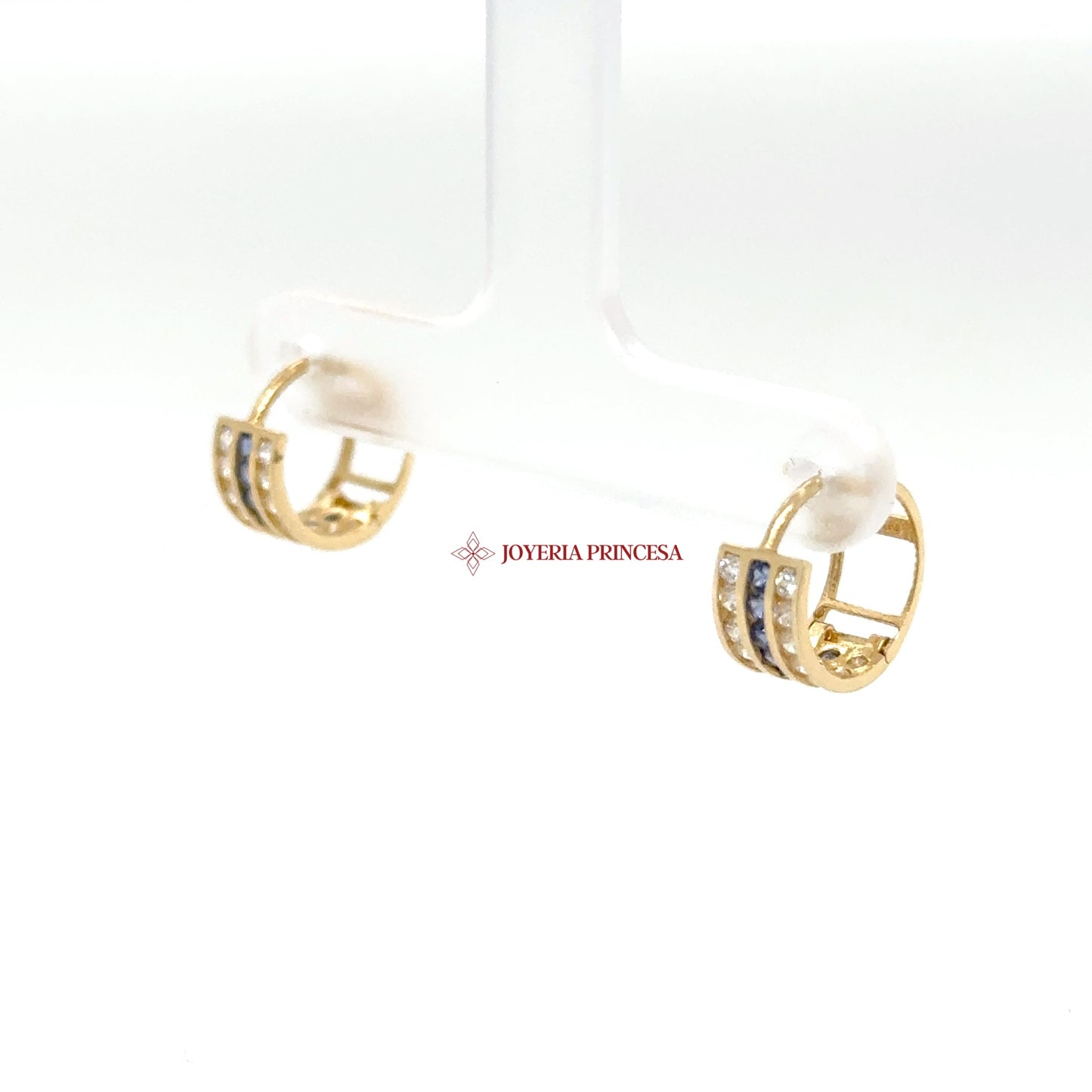 14K Gold Huggie Earrings with Blue CZ Accents