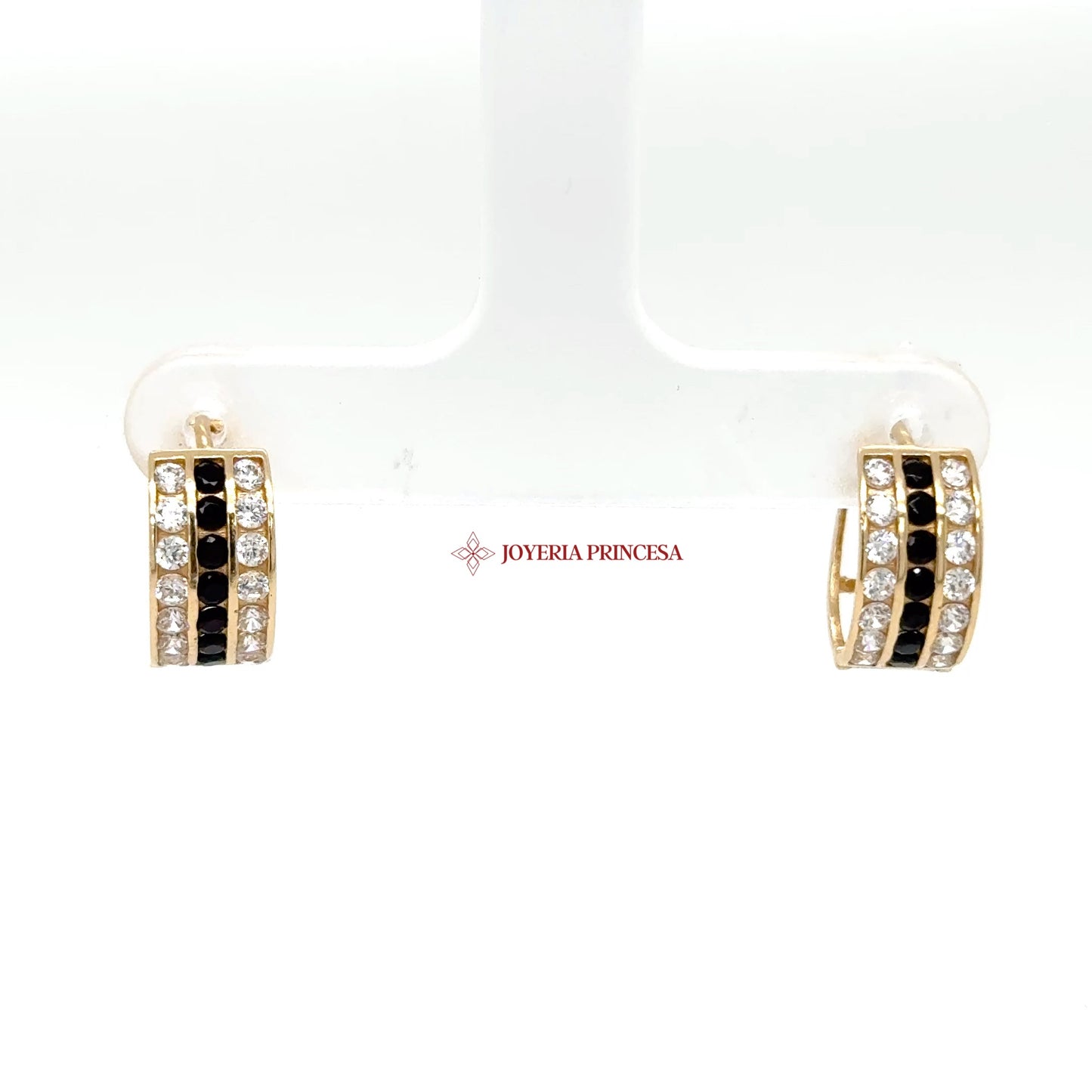 14K Gold Huggie Earrings with Black and Clear CZ