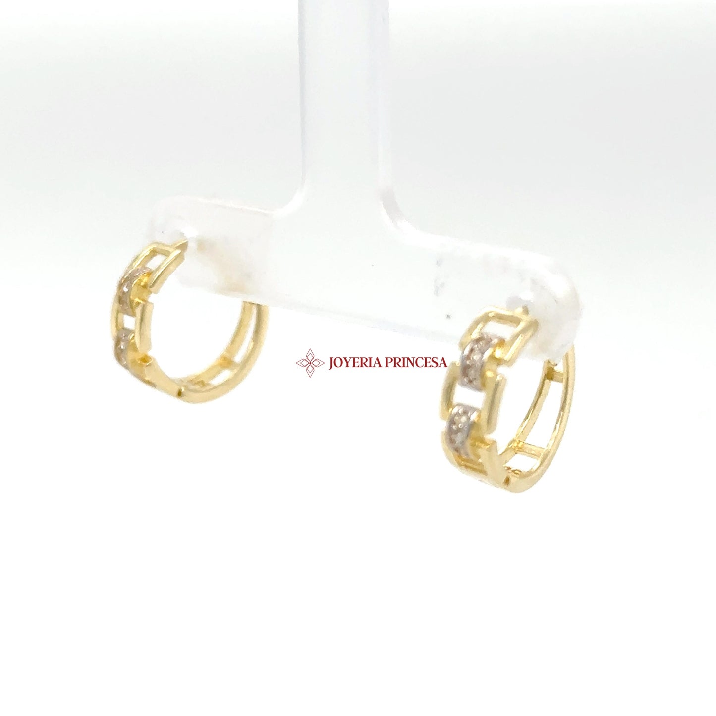 14K Gold Link Huggie Earrings with Cubic Zirconias