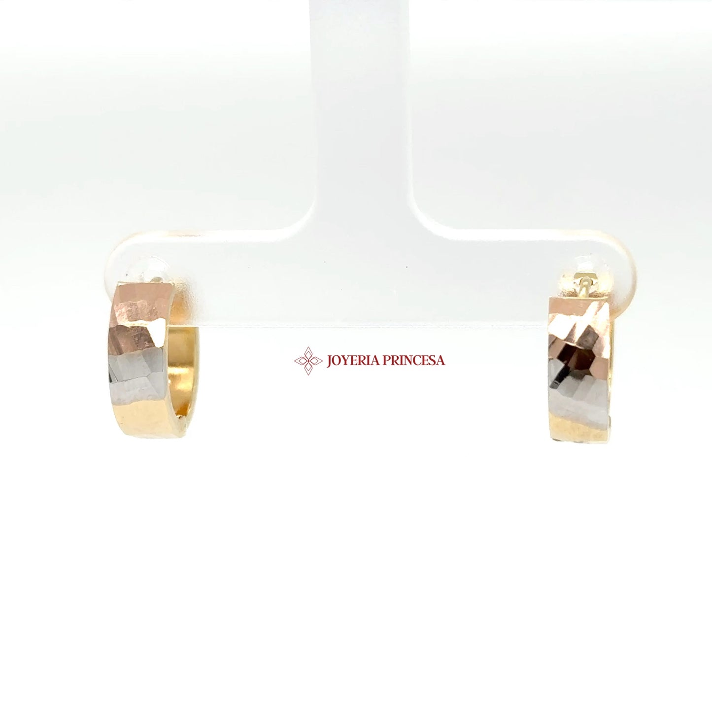 14K Tri-Color Huggie Earrings with Geometric Design