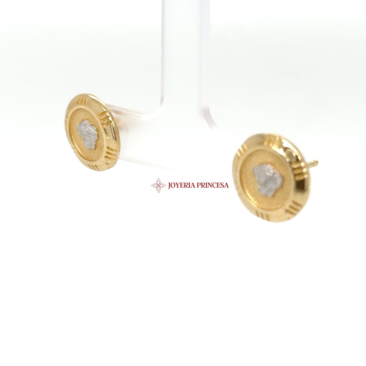 14K Gold Coin Motif Stud Earrings with CZ