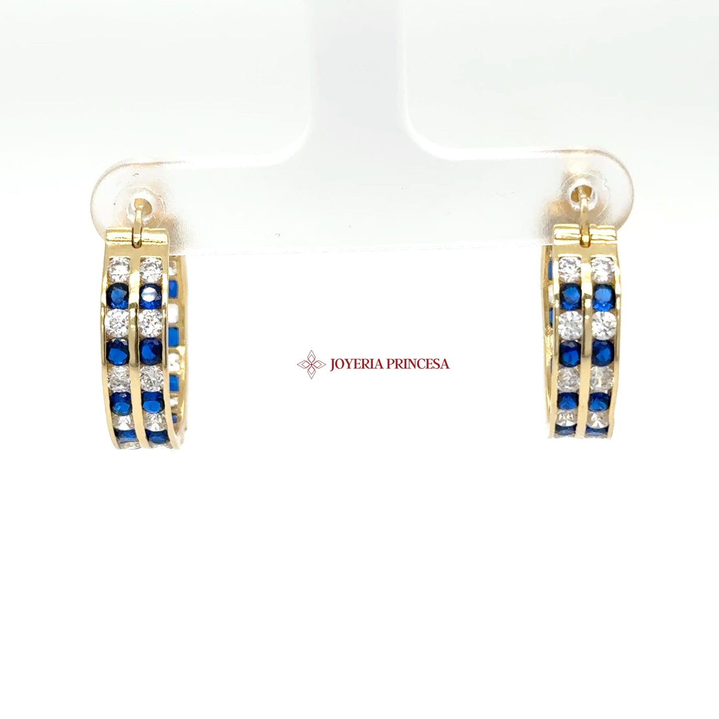 14K Gold Huggie Earrings with Blue and Clear CZ